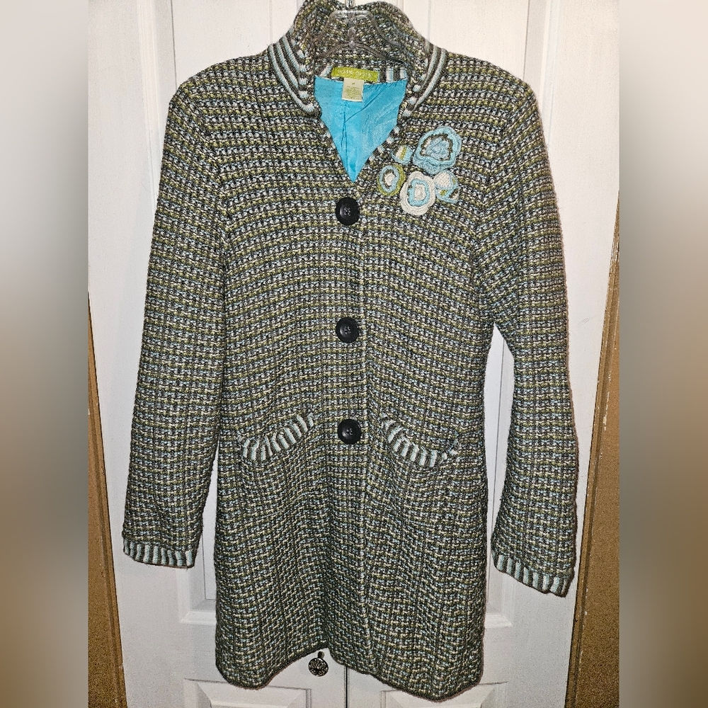 Y2K Sigrid Olsen Green and BlueHerringbone Knit coat with Crochet flowers